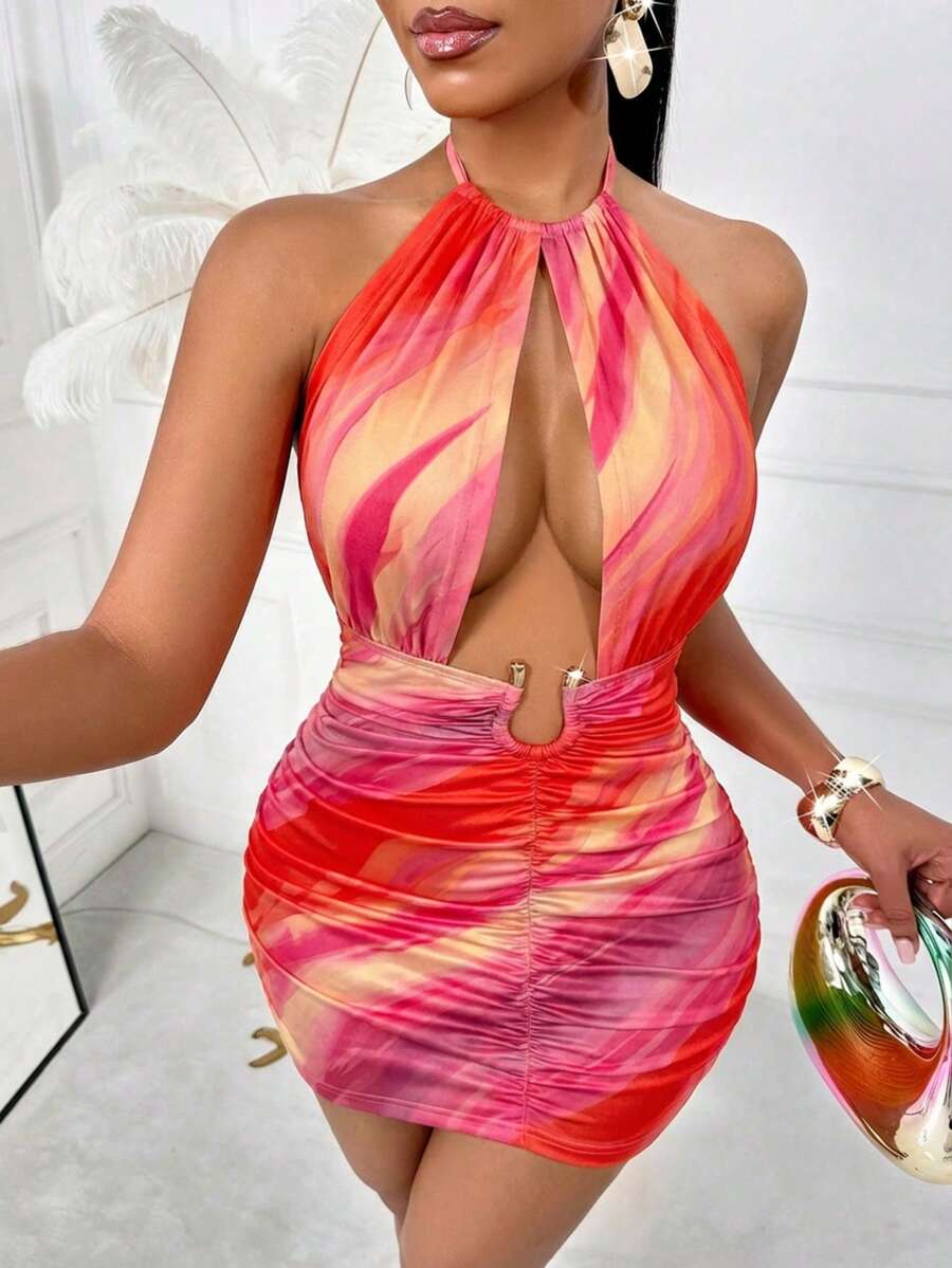 Amarilo Women's Summer Sexy Backless Halter Neck Dress With Metal Buckle Detailing, Cutout, Ruffled Mini Bodycon Dress, Perfect For Sexy Dates, Vacation, Beach, Summer, Sunset With Patterned Print - Orange Pink - View 1