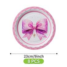 Glitter Purple Bow Disposable Plate, Napkin, Cup Set, Plates, Napkins And Cups Party Supplies, Serves 8 Guests, Disposable Paper Plates Party Tableware Suitable For Birthday, Wedding, Theme Party, Family Picnic - Multicolor - View 8