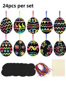 12/24pcs Easter Scratch Art Set, Includes Easter Eggs, Scratch Art, Easter Scratch Paper, Scratch Art Set, Easter Craft Set And Easter Ribbons. - Multicolor - View 12