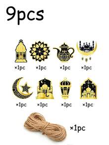 9件套蓝/黑开斋节装饰挂件，优雅的月亮、星星、城堡和灯笼图案，斋月纸质挂饰，主题派对装饰，开斋节派对用品，DIY装饰，适用于斋月、开斋节派对、开斋节晚宴装饰、DIY派对装饰 - 彩色 - 查看 10