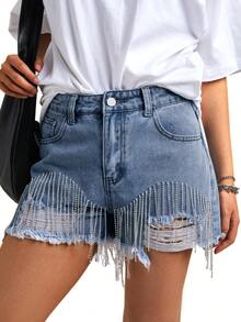 Summer Womens Rhinestones Fringe Shorts Baggy Jorts Mid-Low Rise Ripped Denim Diamond Trim Hot Short - 藍色 - 查看 2
