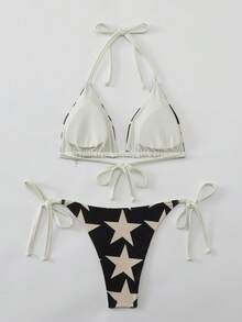 Sexy Black Star Print Bikini 2 Pieces Set, Adjustable Triangle Top + Tie-Up Bottoms, Essential Summer Beach Vacation Swimwear - Black and White - View 6