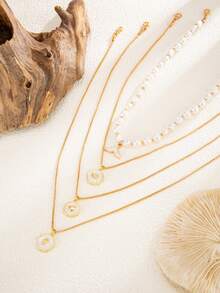 4件套海洋假日几何链条项链，仿珍珠串珠，贝壳，扇贝，鱼尾吊坠，优雅奢华，适合婚礼、派对、海滩、休闲、街头风格，女士及情侣款，假日、生日礼物 - 金色 - 查看 7