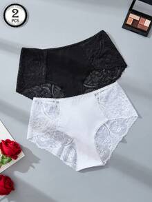 2条装女士内裤，蕾丝内裤，花卉图案蕾丝拼接设计，黑色三角内裤，女士休闲家居日常内裤，白色三角内裤，女士三角内裤 - 彩色 - 查看 1