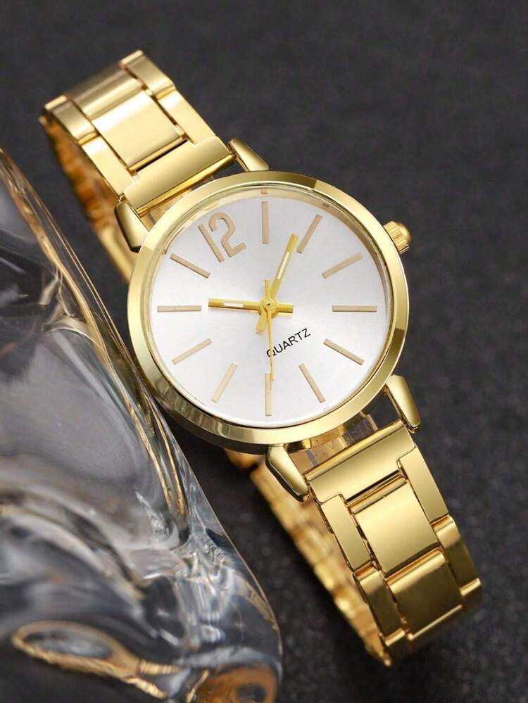 4 件套华丽优雅女士石英表套装，配金色配件（包括金色金属表带石英表，银色表盘，简约刻度；水钻手链；心形开口手镯；无限符号水钻手链）。 - 金色 - 查看 2