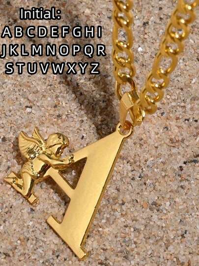 1 Pieza Collar con Colgante de Iniciales de Ángel para Hombre; Collar Personalizado de Ángel con 26 Letras; Iniciales de Nombre A B C L M N R S T Z; Regalo de Cumpleaños, Fiesta, Uso Diario, Familia, Día del Padre, Acción de Gracias; Mejor Regalo