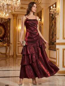 Burgundy Metallic Wedding Guest Dress Elegant 3D Rosette Tiered Ruffles Cami Maxi Gown Luxury Evening Prom Party Dress - Burgundy - View 2