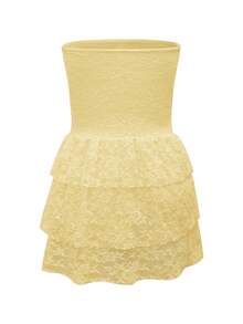 Vaiaye Romantic Elegant Lace Strapless Bodycon Dress, Sleeveless Backless Sexy Double Ruffle Hem Dress, Suitable For Wedding, Party, Concert, Carnival Summer - Light Yellow - View 4
