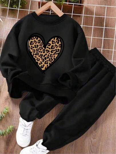 KID009|Conjunto de 2 piezas para niña preadolescente con estampado de leopardo y corazones, conjunto de sudadera oversize y pantalón deportivo holgado con bolsillos, moda de otoño