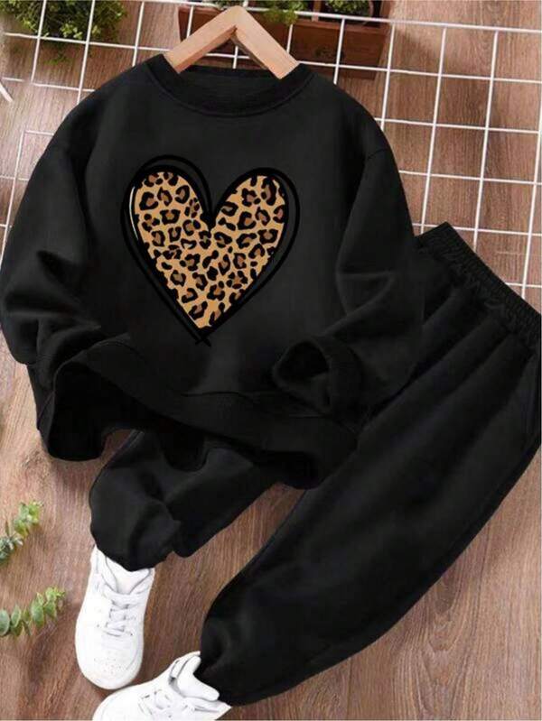 KID009|Conjunto de 2 piezas para niña preadolescente con estampado de leopardo y corazones, conjunto de sudadera oversize y pantalón deportivo holgado con bolsillos, moda de otoño