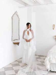 2026 Elegant Minimalist Long Lace Embroidered Bridal Veil, Cathedral Wedding Headpiece - A - View 5