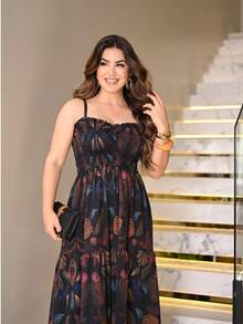 Women's Long Beach Dress With Tie Straps, Summer Casual Style, Floral And Coconut Tree Print, Bohemian Tropical Style, Thin Straps And Drawstring. - 黑金色 - 查看 6