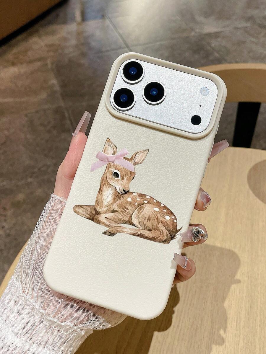 Soft Matte Pink Bow Deer Illustration White Faux Leather Texture TPU Phone Case, Delicate Touch, Anti-Slip, Fingerprint Resistant, Suitable For Daily Use Or As A Gift, Compatible With IPhone, Galaxy S24 Ultra/Galaxy S25 Ultra - White - View 1