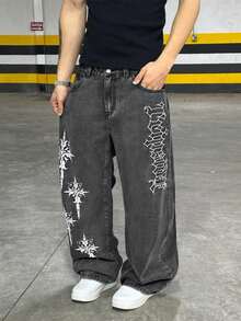 Grunge Goth Y2K 风格男士休闲宽松阔腿直筒百搭刺绣图案牛仔裤，时尚个性化街头服饰，适合工作、通勤、舞台表演、与朋友聚会、户外穿着 - 深灰色 - 查看 3