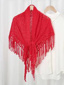 1 pieza Bufanda de punto de unicolor con flecos triangulares para mujer, chal/envolvente para otoño e invierno para vestir - 09-Gran rojo - Ver 6