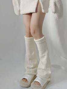 1 Pair Of Solid Color Acrylic Knit Wide-Leg Warm Casual Cute Leg Warmers And Foot Warmers Suitable For Autumn And Winter. - 米色 - 查看 2