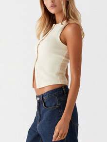 Women Y2k Button Down Tank Tops Casual Summer Ribbed Sleeveless Tees Shirts Basic Slim Fit Vest Shirts Aesthetic Crop Tops Streetwear - 杏色 - 查看 6