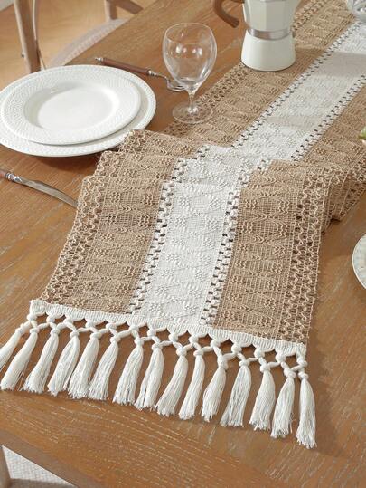 1pc Cream Brown Boho Style Table Runner, Tasseled Fringe Design, Minimalist Elegant Table Decor, Multiple Sizes Available, Suitable For Restaurant/Bedroom Decor, Wedding, Kitchen, Home Decor, Dining Table, Coffee Table, Wedding Decorations