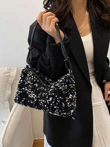 Women Silver Sequin Shoulder Bags Zipper Closure Underarm Handbag Solid Color Tote Handbag For Wedding Prom Parties Travel - A - View 4