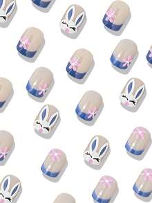 24pcs Cute Square Press On Fake Nails Pink And Blue Short Nail Rabbit And Pink Flowers Fake Nails Easter Nails - Multicolor - View 2