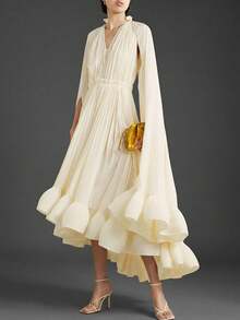 Magic Mia  Women's Ruffled Mock Neck Cape Sleeve Midi Dress - Asymmetric Ruffle Hem Relaxed Fit For Weekend Brunch Picnics Date Nights Casual Gatherings & Holiday Outings | Romantic Feminine Design For Effortlessly Charming Looks - trắng - Xem 1