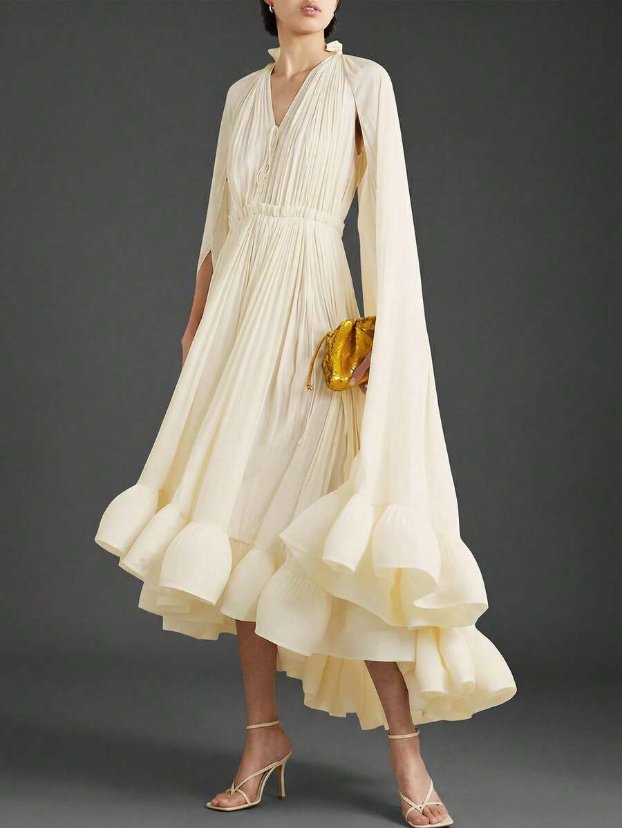 Magic Mia  Women's Ruffled Mock Neck Cape Sleeve Midi Dress - Asymmetric Ruffle Hem Relaxed Fit For Weekend Brunch Picnics Date Nights Casual Gatherings & Holiday Outings | Romantic Feminine Design For Effortlessly Charming Looks - trắng - Xem 1