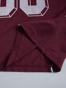 Men's Fashion Sports Mesh Patchwork Burgundy Short Sleeve 0 Digit Minimalist Print Split T-Shirt, Suitable For Spring/Summer Casual Daily Wear, Street Boyfriend Gift - Burgundy - View 7