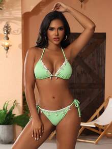 Nuevo conjunto de traje de baño con copas suaves, tirantes de espagueti, espalda descubierta y decoración de concha para vacaciones en la playa - verde menta - Ver 4