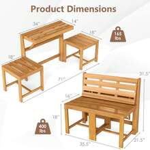 3-In-1 Outdoor Acacia Wood Loveseat Bench Furnitur With Slatted Seat For Garden - Natural - View 2