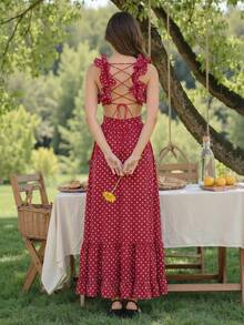 Vestido de gasa con estampado floral de lunares, con espalda descubierta, cruzado, fruncido, cola de pez y cremallera oculta, para fiestas de primavera/verano - Burdeos - Ver 2
