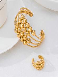 Women's Simple Smooth Ball Open Bangle & Ring Set, Casual Daily Accessories - Yellow Gold - View 2