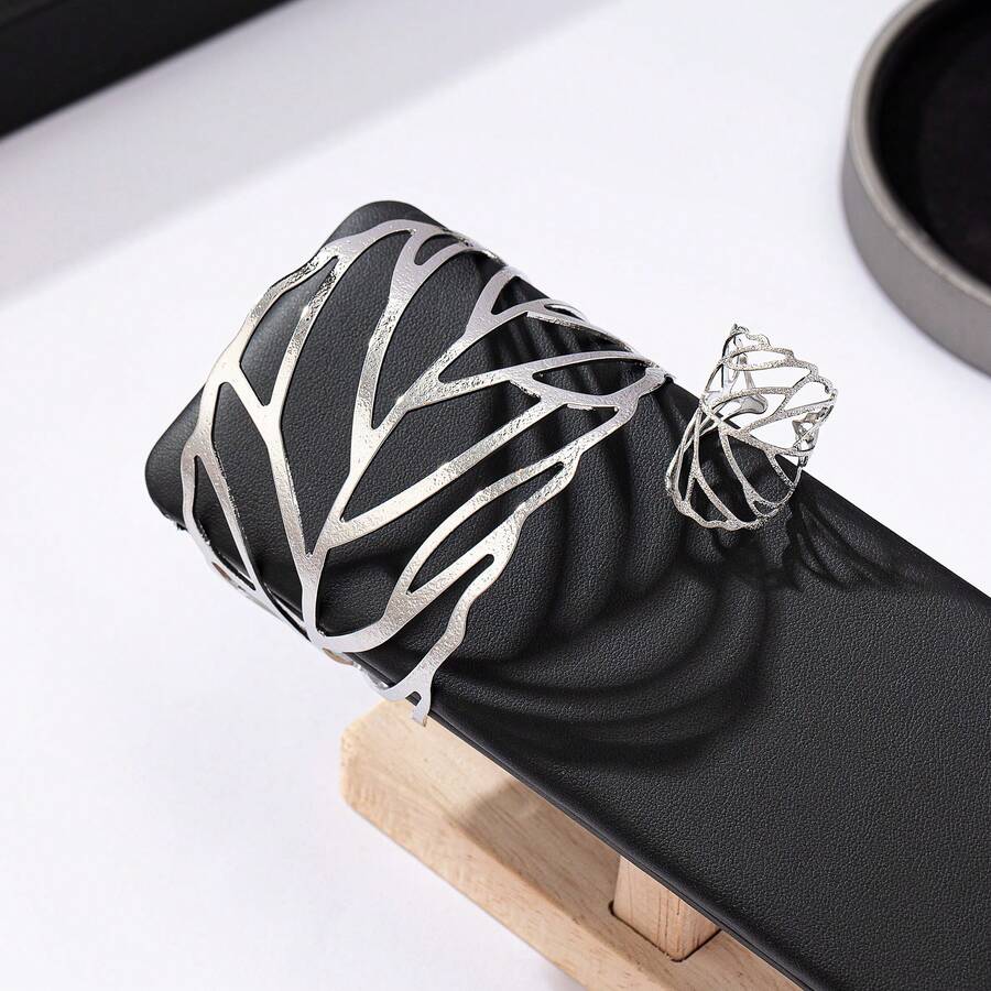 欧美创意金属镂空叶子设计女士戒指和手链首饰套装 - 銀色 - 查看 1