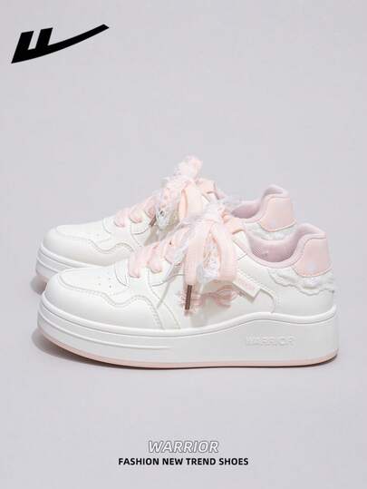  1 Pair WARRIOR Women's Thick Sole Lace-Up Soft Bottom Casual Shoes, Low-Top Outdoor Flat Shoes, Round Toe Low Heel Non-Slip Solid Color Elegant Soft Bottom Hiking Shoes, Suitable For Students, Graduation Photos, Flat Shoes, Low-Top Leather Face Sports Skateboard Shoes