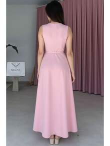 Elegant Women's Formal Casual Dress With Pockets And Belt - Màu Hồng baby - Xem 2