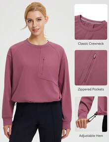 baleaf Women's Fleece Lined Cropped Sweatshirt Thermal Loose Fit Pullover Long Sleeve Running Athletic Top With Pocket - Hoa hồng khô 18-1718TCX - Xem 3