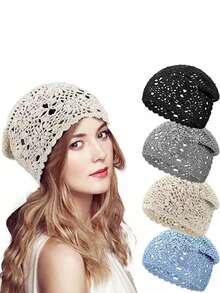 Vintage Flower Crochet Beanie Solid Color Hollow Out Breathable Knit Hats Elegant Skull Cap Beanies For Women Female - Nhiều màu - Xem 1