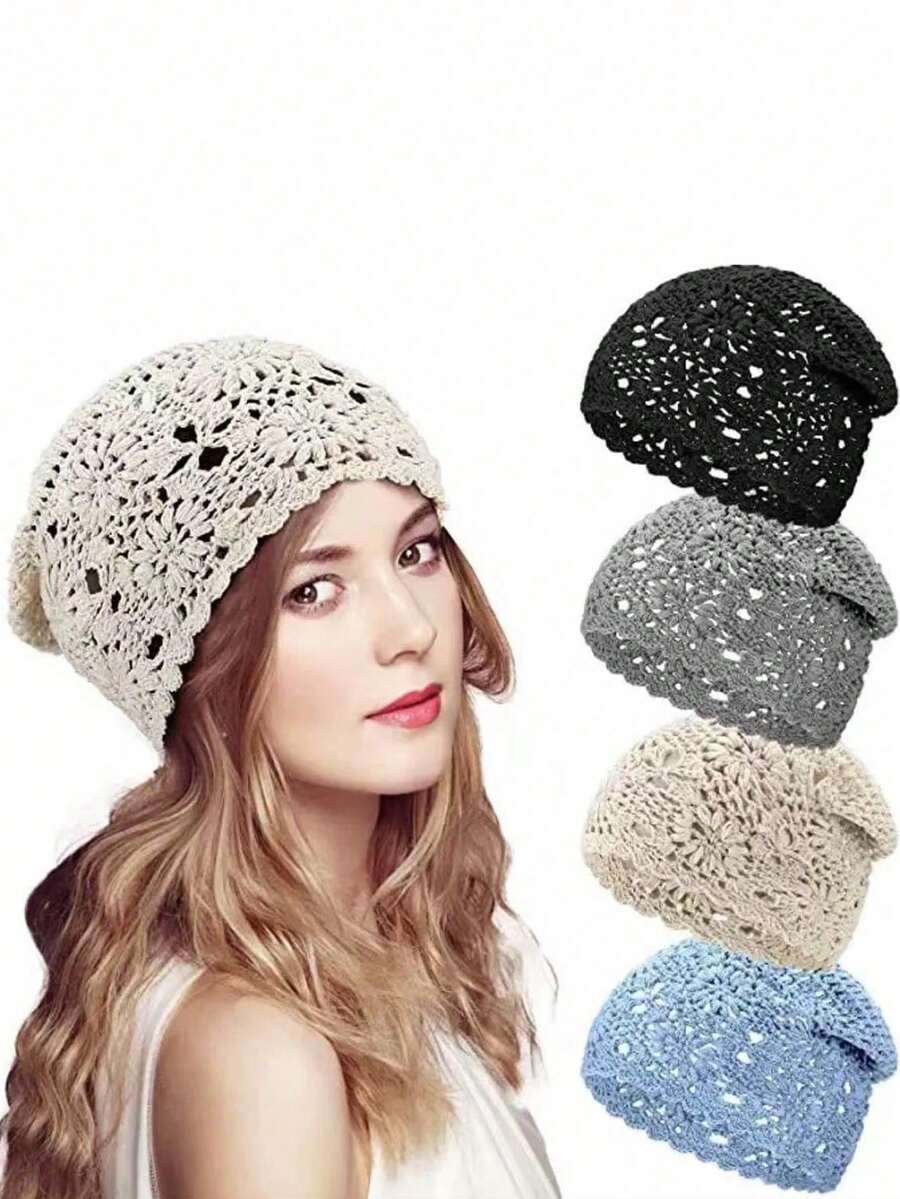Vintage Flower Crochet Beanie Solid Color Hollow Out Breathable Knit Hats Elegant Skull Cap Beanies For Women Female - Nhiều màu - Xem 1