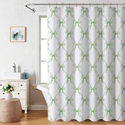 1pc Green Bow Shower Curtain, Modern Aesthetic Shower Curtain Suitable For Bathroom Bathtub Partition, Bathroom Shower Curtain Decoration, Bathroom Accessories