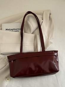 1个复古大容量手提包，通勤超大腋下包，时尚摩托车手提包，PU纯色油蜡皮革，带肩带装饰，拉链封口，女士单肩包，适合工作、大学生背包、短途旅行、度假、购物、商务等场合，日常使用皆宜。 - 酒紅色 - 查看 8