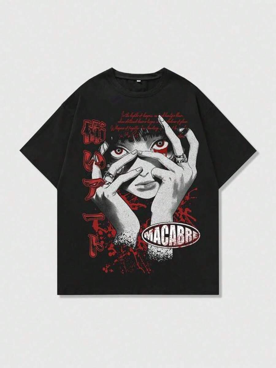 Mens Tshirts ROMWE MEN Men's Anime Cartoon Character Letter Print Round Neck Short Sleeve Casual T-Shirt Men's Fashion Print Casual T-Shirt Casual Summer T-Shirt, Comfortable Outdoor Casual Wear - Black - View 1