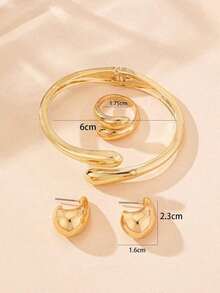 3-Piece Teardrop Shaped Set: Earrings + Ring + Gold Bracelet | Elegant Women's Fashion Jewelry - Vàng - Xem 2