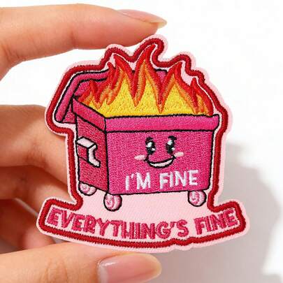 GIURKUU 1个粉色“我很好，一切都好”布贴，趣味垃圾桶着火图案魔术贴布贴，刺绣士气贴片，可用于背包、狗背带、军用背心、布贴墙、帽子等。