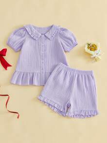 Conjunto de verano para niñas pequeñas, camiseta de manga corta con botones y dobladillo con volantes y pantalones cortos elásticos, ropa bonita de 2 piezas - Morado - Ver 2