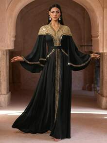Elegant Lime Green Embroidered Formal Long Robe, Decorated With Beaded Corset And Bell Sleeves, Arabic Long Robe, Suitable For Women, Party Robe, Muslim Evening Robe, Formal Robe, Modest And Decent Style - Black - View 3