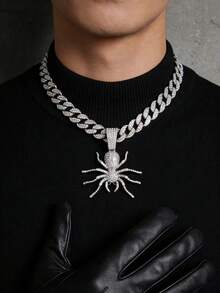 1件镶满水钻的动物吊坠项链，欧美风格男士链项链，个性化嘻哈配饰，百搭 - 銀色 - 查看 10