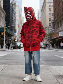 Sudadera con Capucha Unisex Tipo Oversized | Estampado Militar y Bordado de Tiburón | Cremallera Entera, Conjunto a Juego para Parejas | Buzo Ligero pero Abrigado, Ideal para Temporada de Frío - Rojo - Ver 3