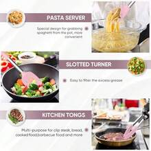 Juego 8 utensilios cocina silicona mango acero inoxidable para antiadherentes freír drenaje resistente calor apto lavaplatos - Rosado - Ver 2