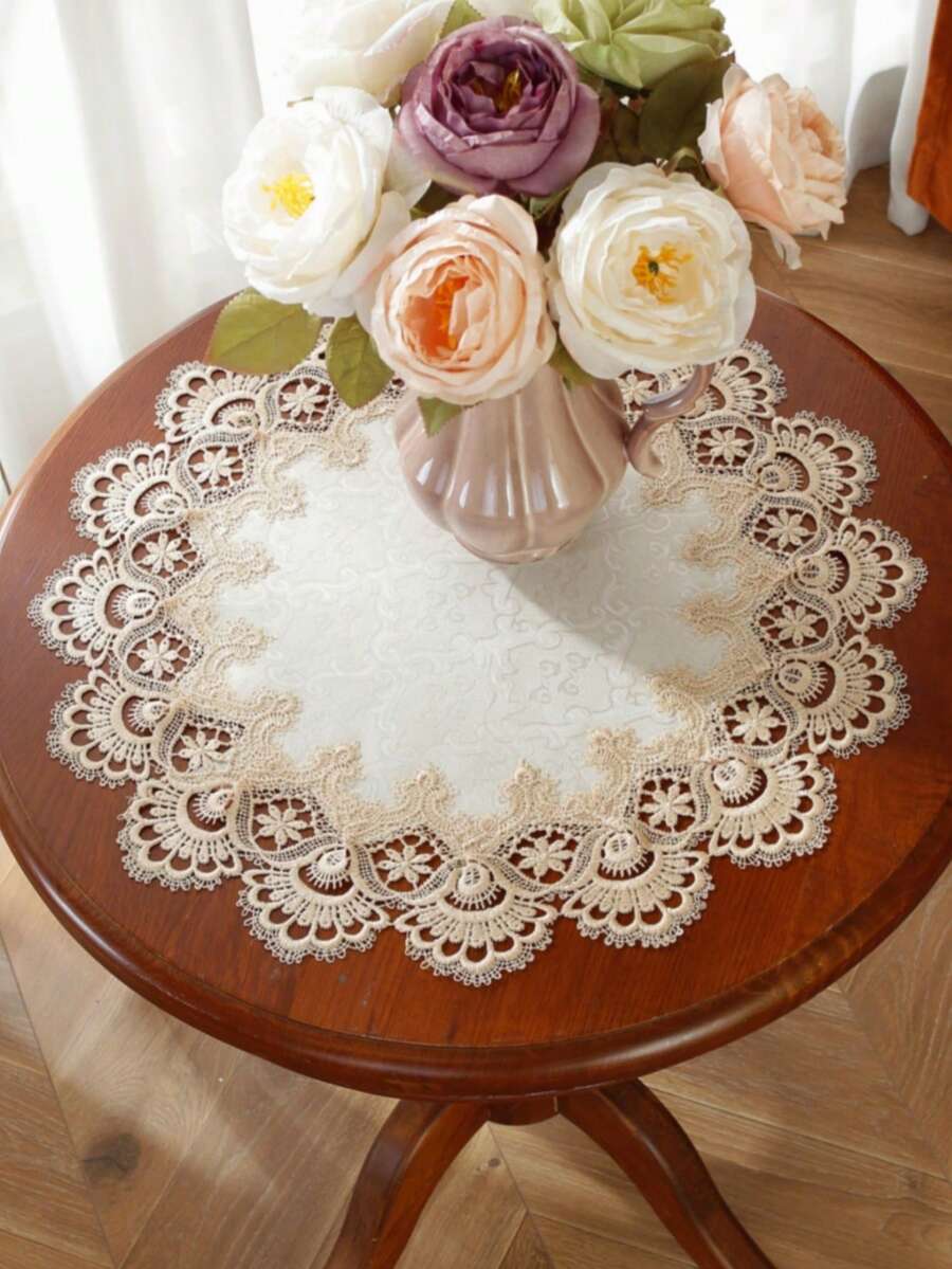 100% 涤纶面料，精致刺绣，水溶性蕾丝边圆形餐垫/杯垫，家居装饰，家庭聚会，节日装饰，派对及婚礼装饰，1 件装
