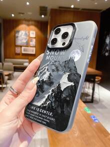 1 chiếc ốp lưng silicon mềm mại thời trang với mặt sau bằng acrylic cứng, họa tiết núi non và trăng khuyết, thiết kế màu gradient sang trọng, tương thích với iPhone/Redmi/VIVO/OPPO - màu đen - Xem 2