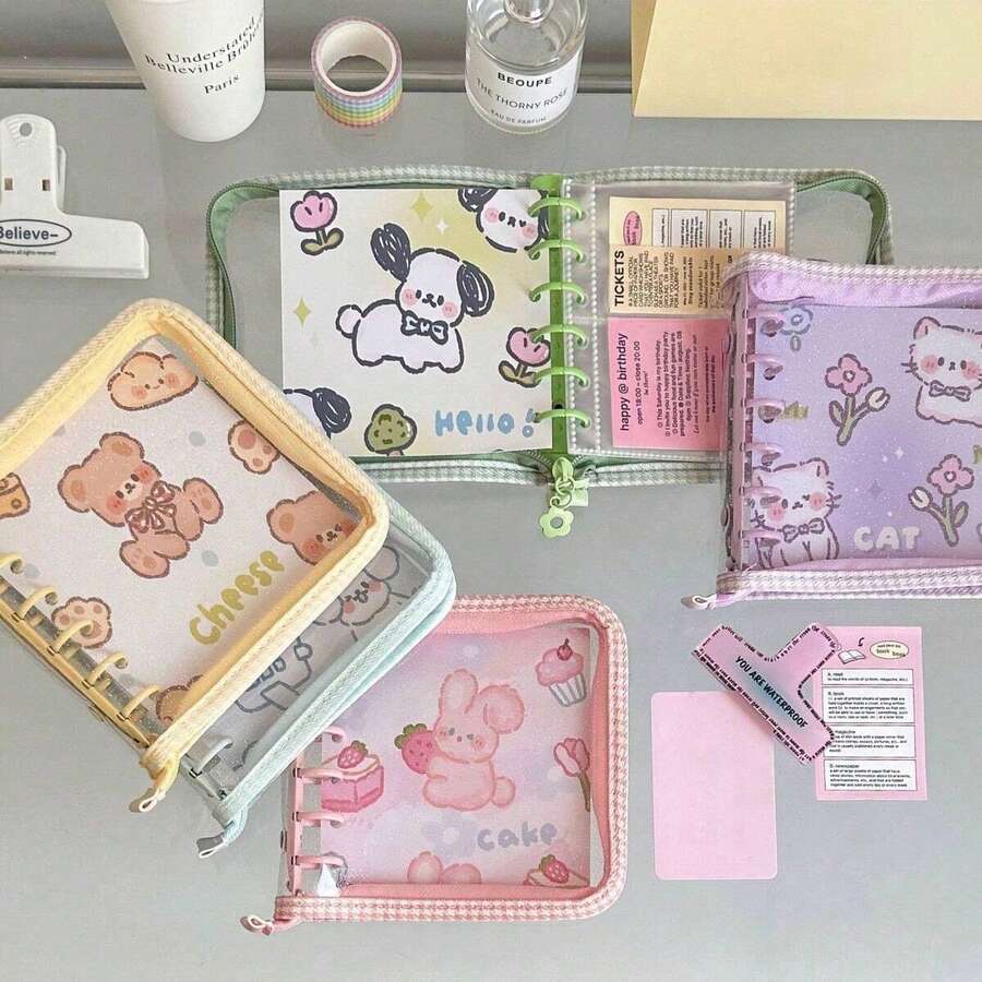 1pc A7 Plaid Transparent Loose Leaf Zipper Bag, Animal Cartoon Pattern, PVC Zipper Binder Folder, Zipper Budget Binder Cover, Suitable For Cash Envelope System, Photo Card Album, Journal Planner, Planner, Photo Card Planning Diary Album - A7 - View 1
